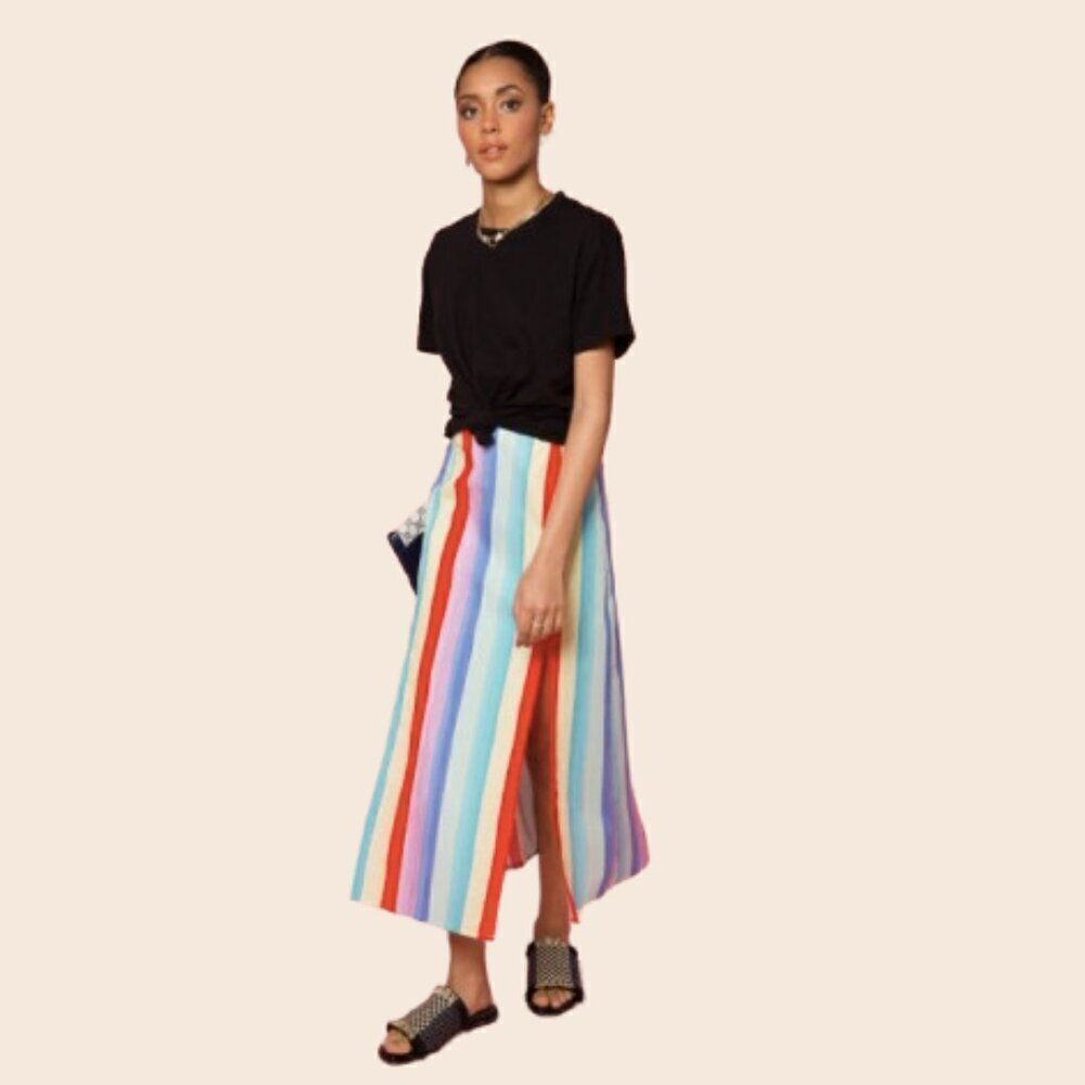 RIXO Thalia multi chalk stripe rainbow midi skirt size XS